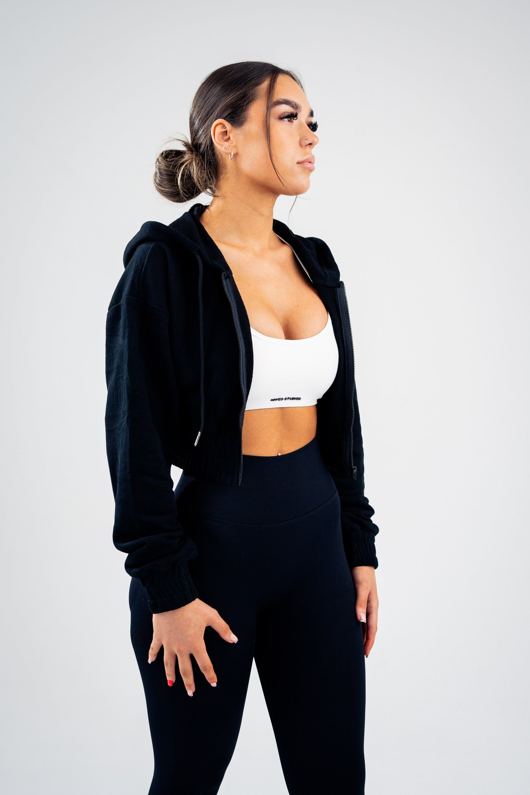 Zipped Cropped Hoodie - Cuffed Hem